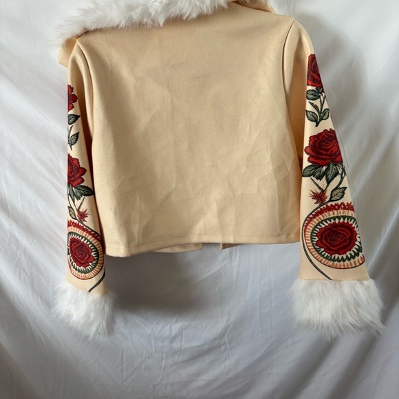 Fur trim collar penny lane eclectic boho jacket coat printed Spanish floral rose - Picture 4 of 4